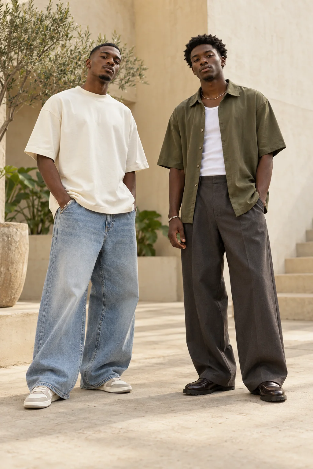 Two young Black men wearing contemporary oversized cream and olive tops and relaxed trousers